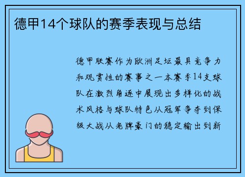 德甲14个球队的赛季表现与总结